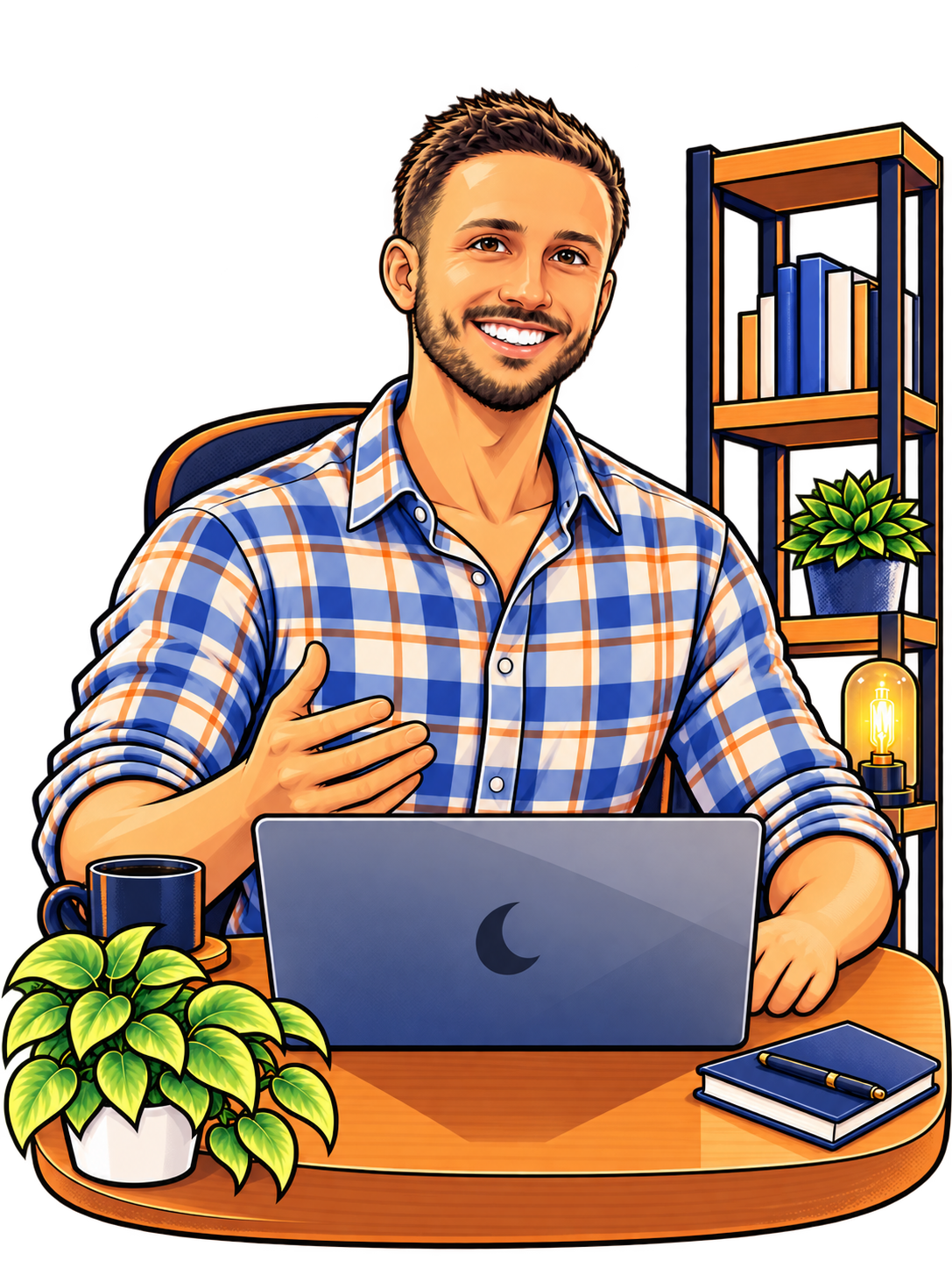 Charles-Antoine Livet, développeur web freelance, travaillant sur son MacBook — portrait illustré aux influences manga